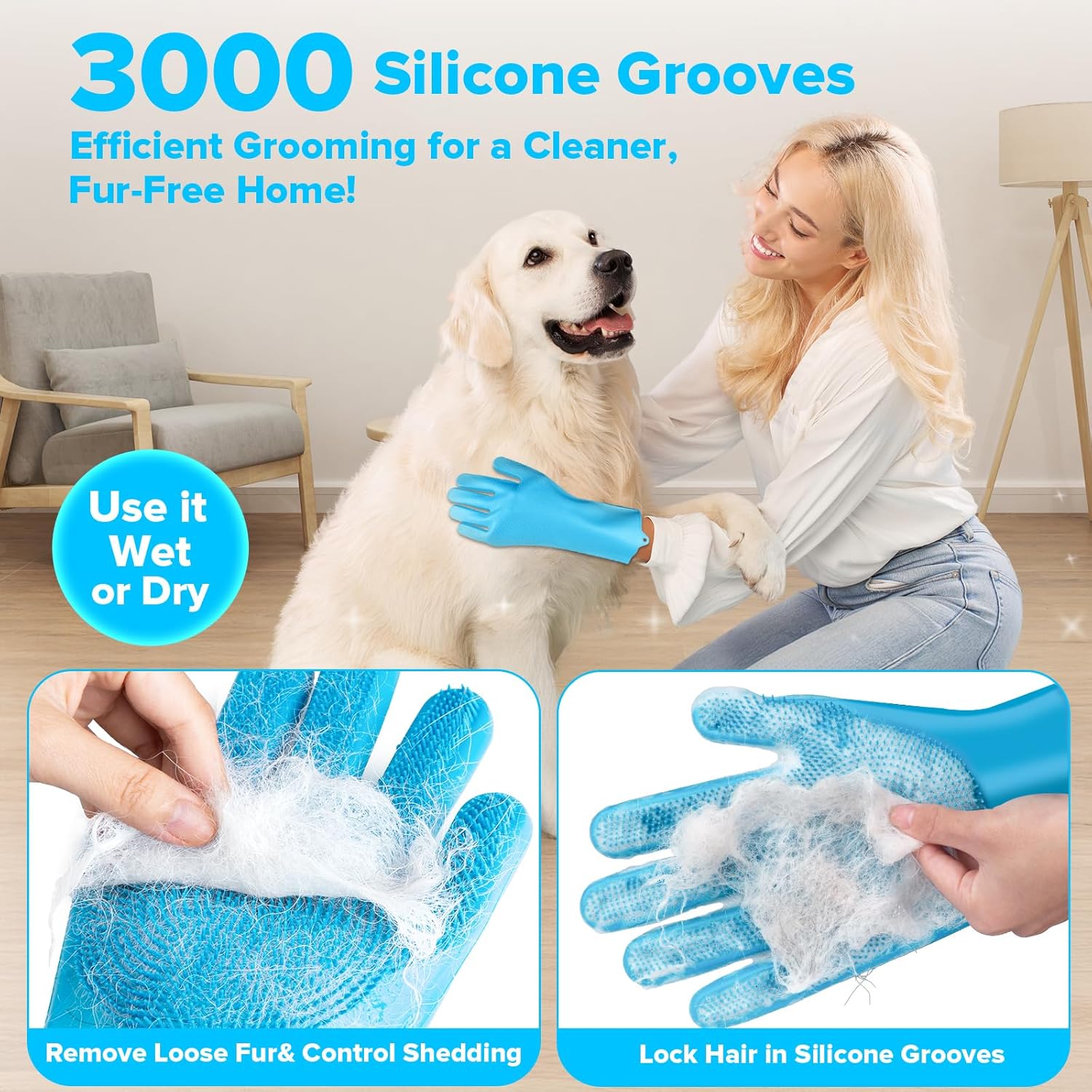 Augwind Pet Grooming Kit - 6PCS for Dogs, Cats & Horses | Includes Bath Gloves & Brush (Light Blue)