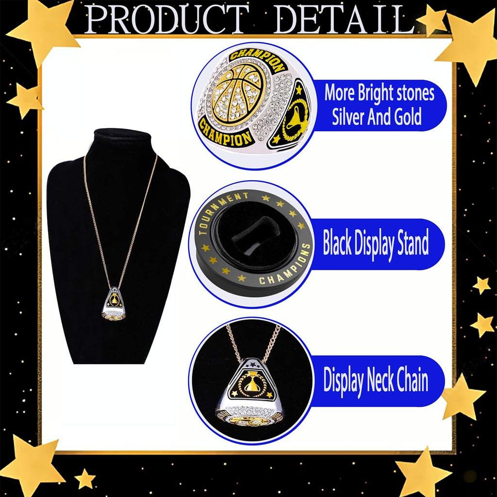 Skiennix Basketball Championship Ring Set - 12 Pcs Trophy Awards with Display Chain & Stand