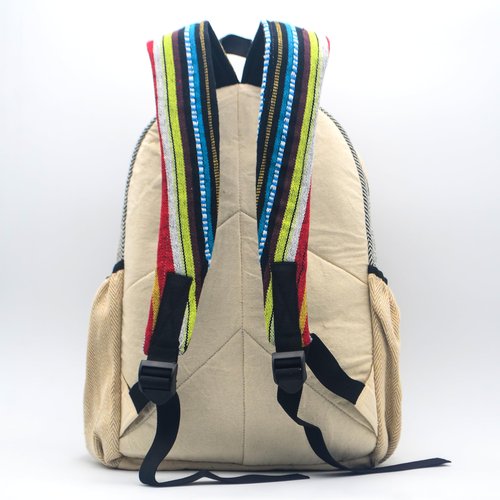 Anitya Hemp Backpack, 16x11 inches, Striped Pattern with Decorative Patches, Multiple Compartments, Unisex (GHB-003)