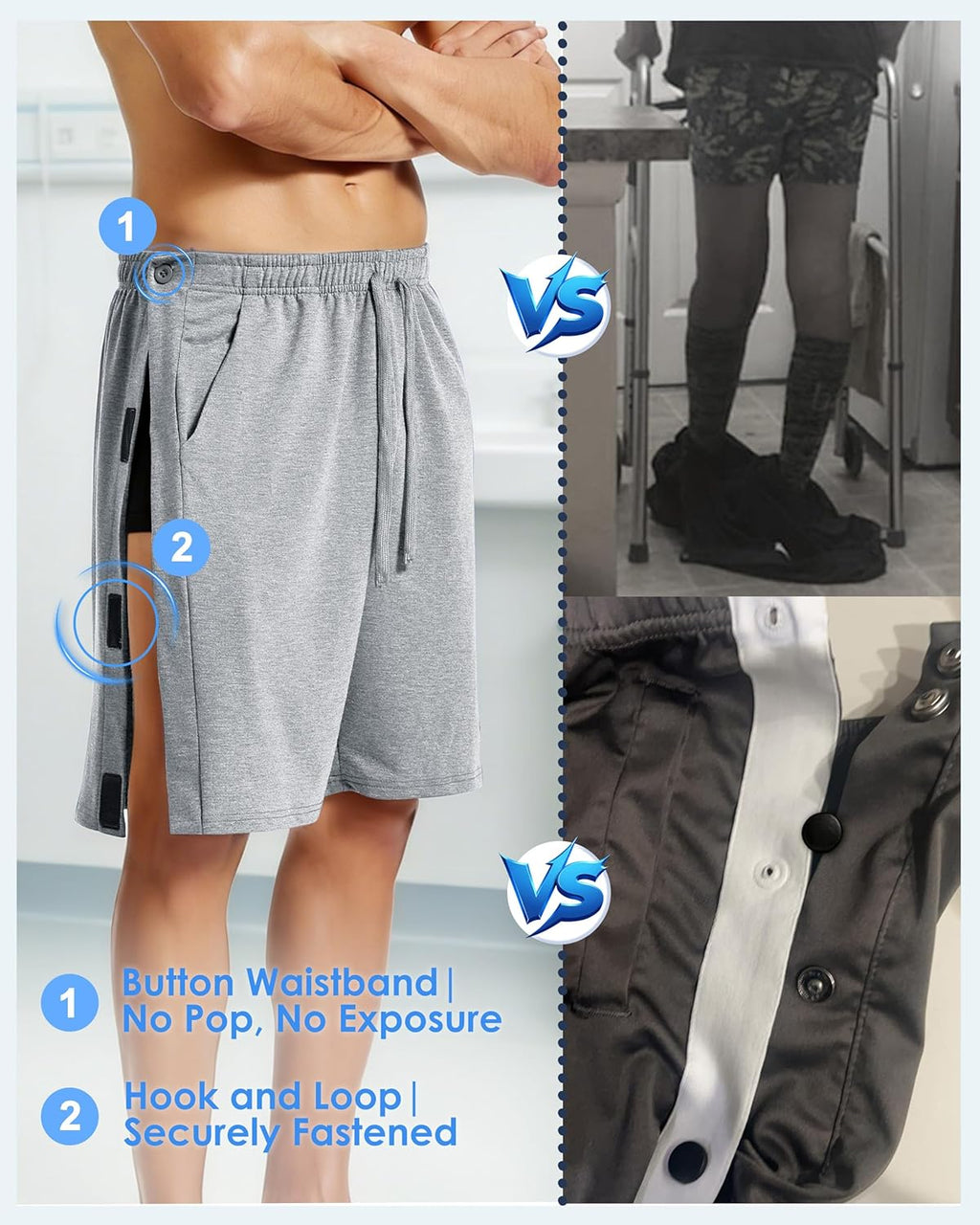 Skiennix Men's Tear Away Shorts - Adaptive 8" Cotton Snap Pants with Deep Pockets for Recovery