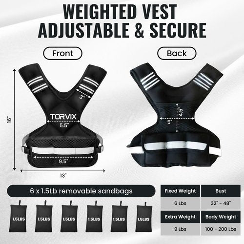 Torvix - Weighted Vest Adjustable 6-15 lbs for Men Women - Running Walking Training Vest with Reflective Strips & Pocket - Weight Vest for Workout Exercise Fitness Gym