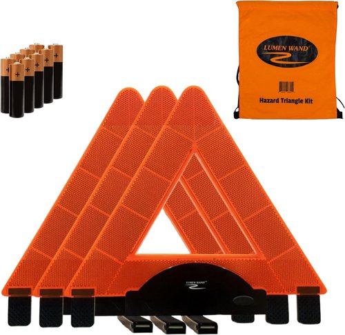 Lumen Wand LED Reflective Warning Triangles Kit - 3-Pack for Road Safety | Metal Base & Internal LEDs, Includes Storage Bag & 9 AAA Batteries