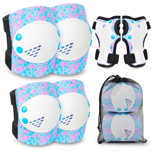 Ausletie Knee Pads for Kids Girls Protective Gear Set Adjustable Knee Pads and Elbow Pads Set with Wrist Guard for Girls Kids Toddler Roller Skates Bike Cycling Skateboard Scooter (Blue&White Mermaid)