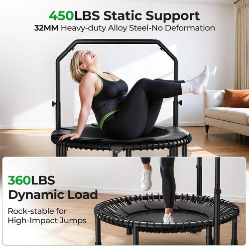 BCAN BT2 Mini Rebounder Trampoline - 450/550LBS Capacity, Adjustable Handle, Indoor/Outdoor Fitness - 40IN/48IN