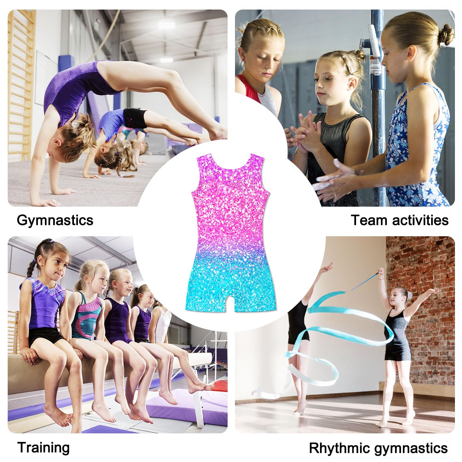 Funnycokid Gymnastics Leotards for Girls Dance Outfits Unitard Sparkly Clothes with Shorts, Diamond Shining Pink Blue, 5-6 Years