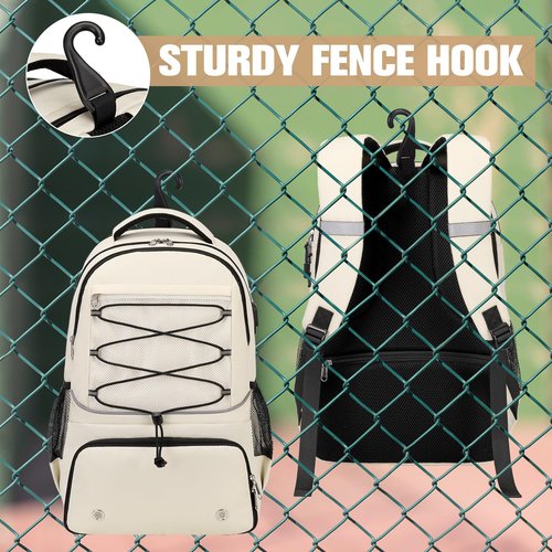 Bevalsa Pickleball Bag Backpack for Women Men Teens, Tennis Backpack Tennis Bag with Shoe Compartment, Multifunctional Sports Padel Racket Bag Badminton Backpack Fits 4 Rackets with Fence Hook (Beige)