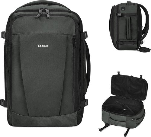 ECOHUB Travel Backpack - Airline Approved Personal Item Bag | Waterproof Gym Daypack with Charging Port - Gray, 18x14x8 Inches