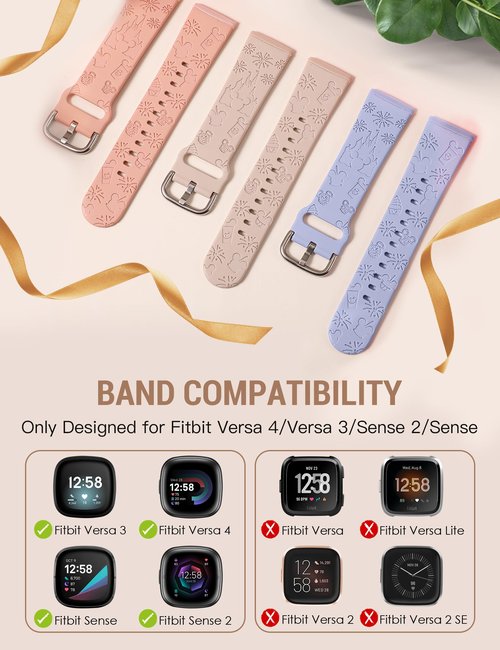 Girovo 3 Pack Cartoon Engraved Band Compatible with Fitbit Versa 4 Bands/Fitbit Versa 3 Bands/Sense/Sense 2 Band Women, Cute Soft Silicone Replacement Bracelet Sport Designer Fancy Strap for Versa 4