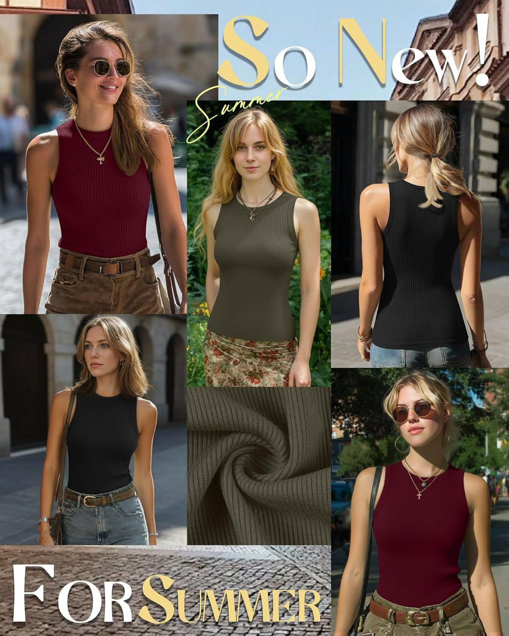 Skiennix Women's Ribbed Tank Tops - High Neck Sleeveless Knit Tees | 95% Cotton Slim Fit Cami (3 Pack)