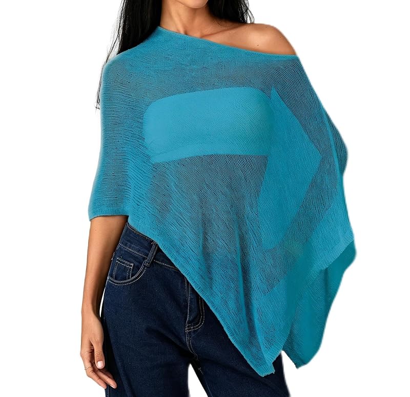 Blue One Size Women See-Through Crochet Mesh Poncho Top Beach Cover-Up