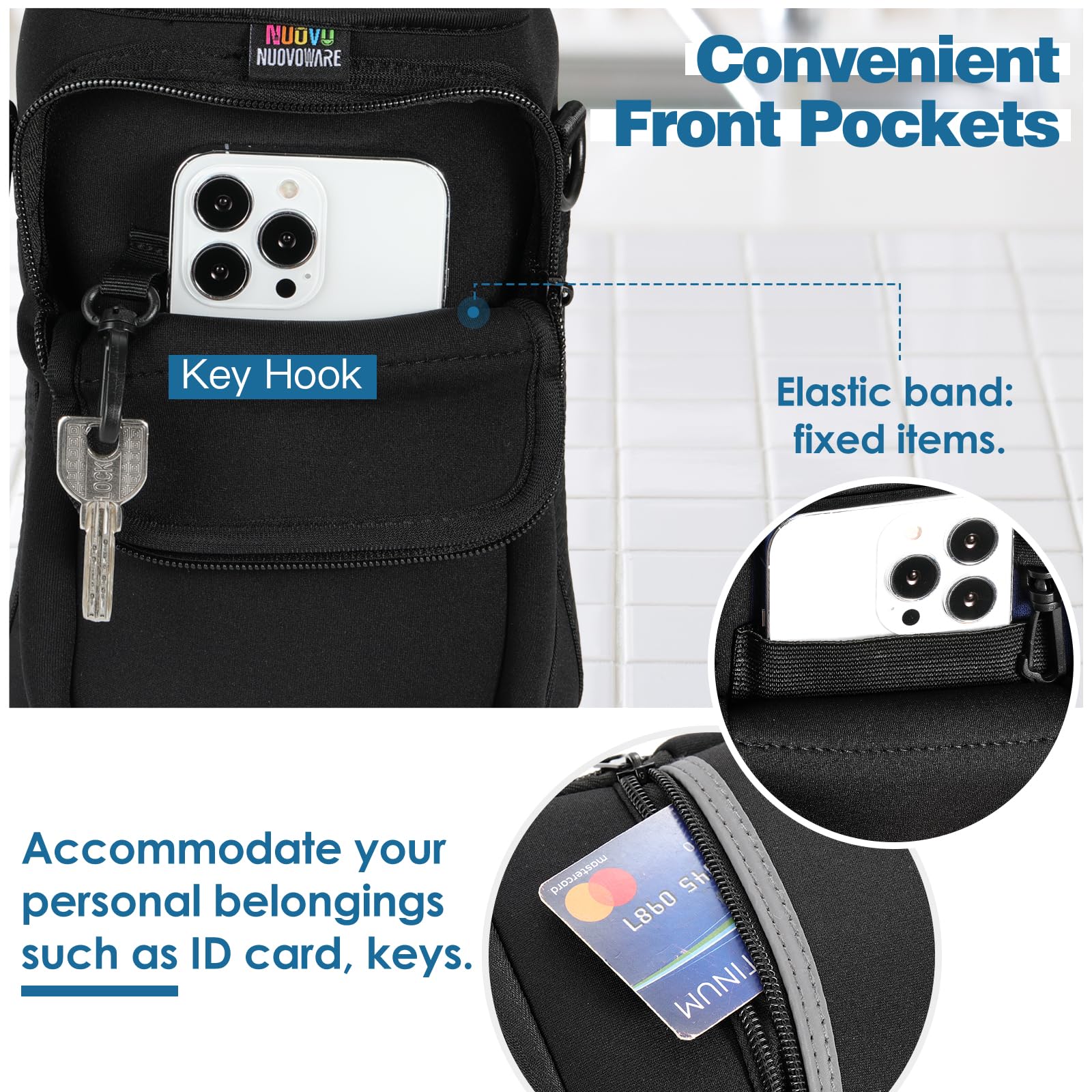 Nuovoware Water Bottle Carrier Bag, 64oz Bottle Pouch Holder, Adjustable Shoulder Hand Strap 2 Pocket Sling Neoprene Sleeve Sports Accessories for Hiking Travelling Camping, Magenta
