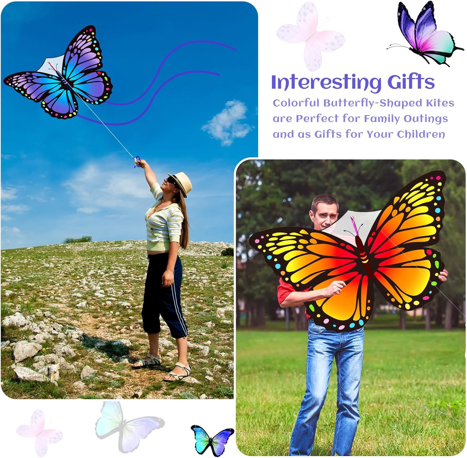 Silipull Butterfly Kites - Large 55 x 28 Inch Colorful Kites with 328ft String for Adults & Beginners | Purple & Orange