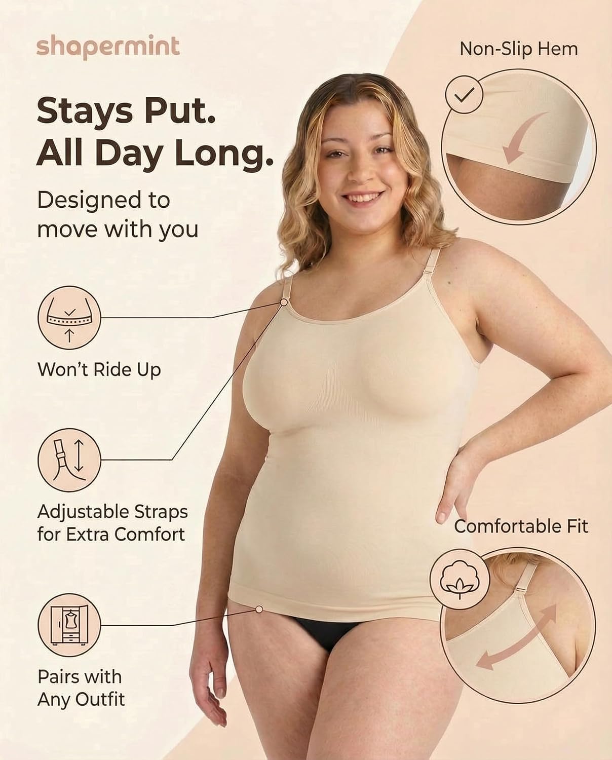 Shapermint Scoop Neck Cami Body Shaper - Women's Tummy Control Shapewear Tank Top