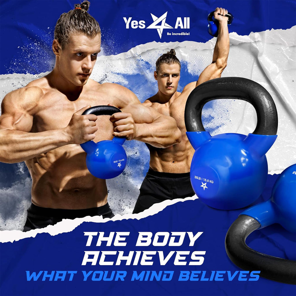 Yes4All Kettlebell, 25 lb Vinyl Coated Cast Iron Kettlebell Set of 2 for Home Gym Exercises, Heavy Weights Gym, Fitness, Full Body Workout Equipment, Push up, Grip, Strength Training - Blue