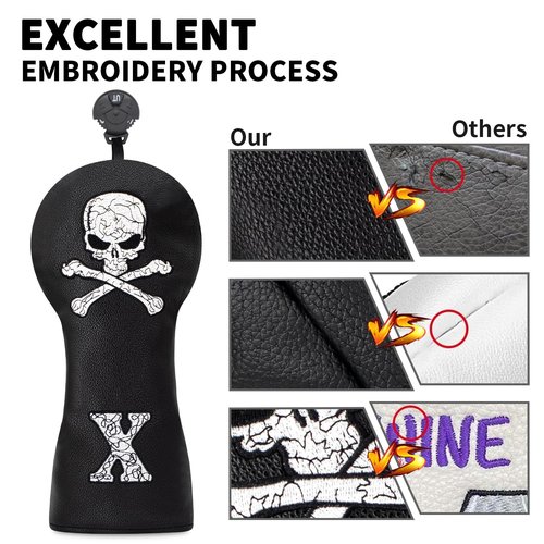 Golf Skull Skeleton Head Cover Golf Club Black Leather Headcovers Set Fits Driver Fairway Wood Hybrid Utility Putter Iron Wedge Headcover. (Hybrid)
