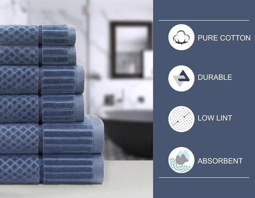 COTTON CRAFT 6 Piece Set - 100% Cotton Bathroom Towels - Soft Absorbent Sculpted Jacquard Velour Decorative - 550 GSM Luxury Guest - 2 Bath, 2 Hand, 2 Washcloth - Blue