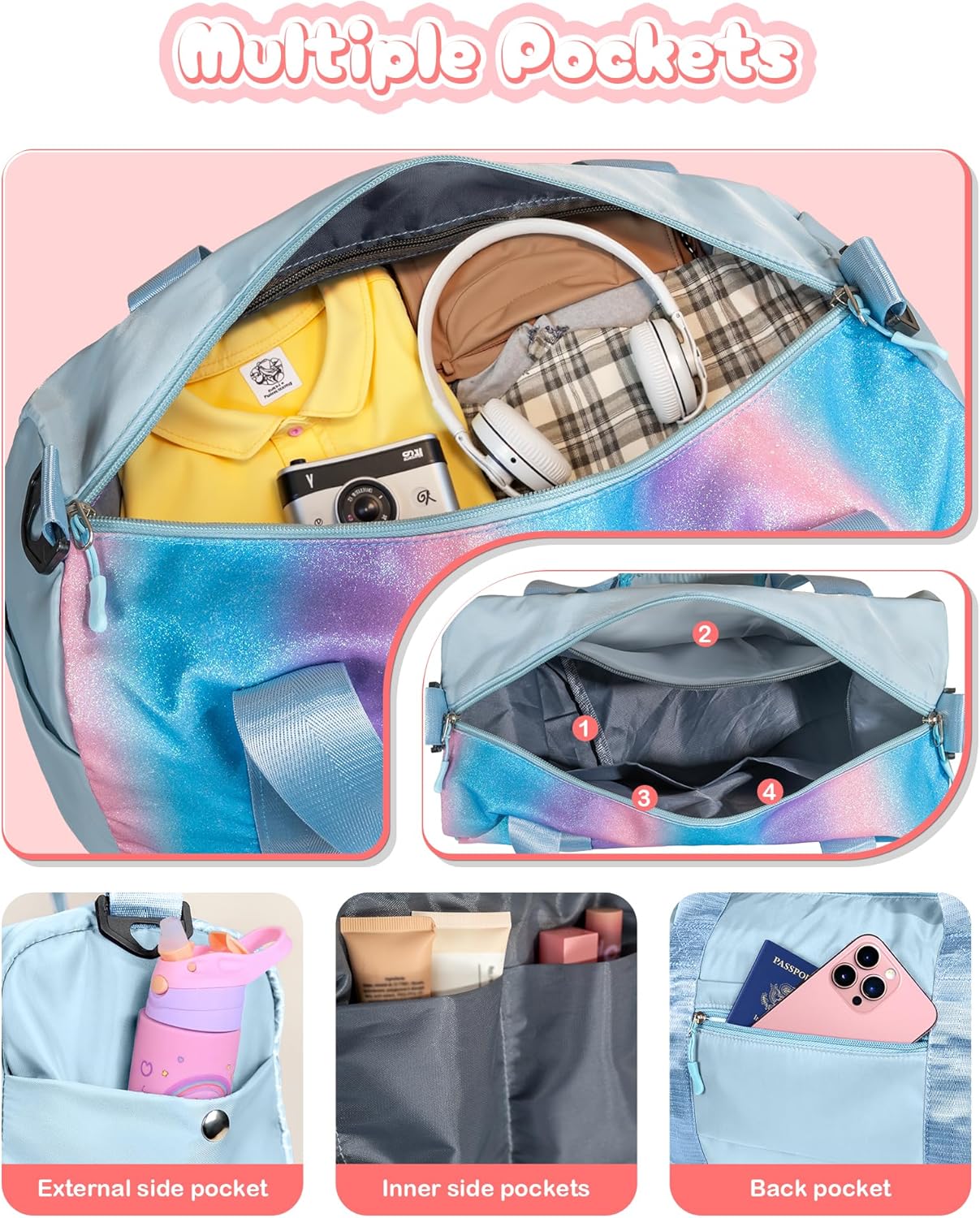 Skiennix Girls Gym Bag - Personalized Weekender Tote with Shoe Compartment & Makeup Pouch (Letter K)