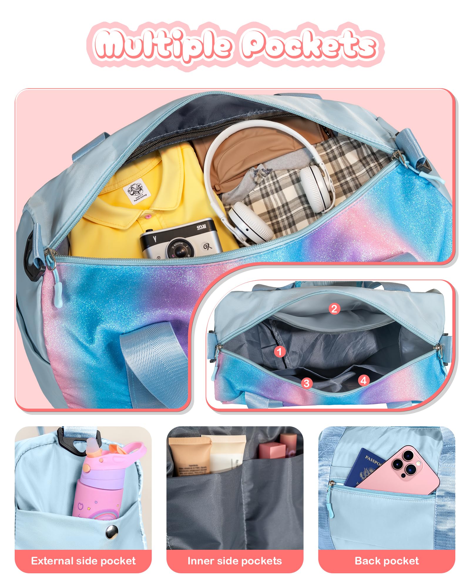 Vogewood Gifts for Girls-Girl Gym Bag with Shoe Compartment, Kid Personalized Weekender Overnight Bags, Initial Travel Tote with Makeup Pouch, Gift for 3 4 5 6 7 Year Old Kids (Letter T)