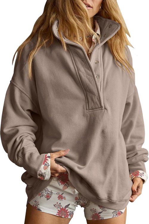 Gacaky Oversized Women's Sweatshirt - Casual Long Sleeve Button Henley Neck Pullover Top