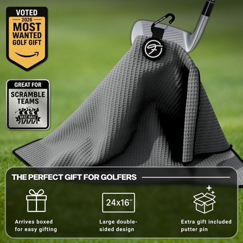 Fore Supply Golf Towel with Magnet - Premium Absorbent Microfiber Towel with Clip - 24"x16" - for Cart, Club or Bag - Golf Rag, Accessories & Golfing Gear - Waffle Weave Pattern (Grey)