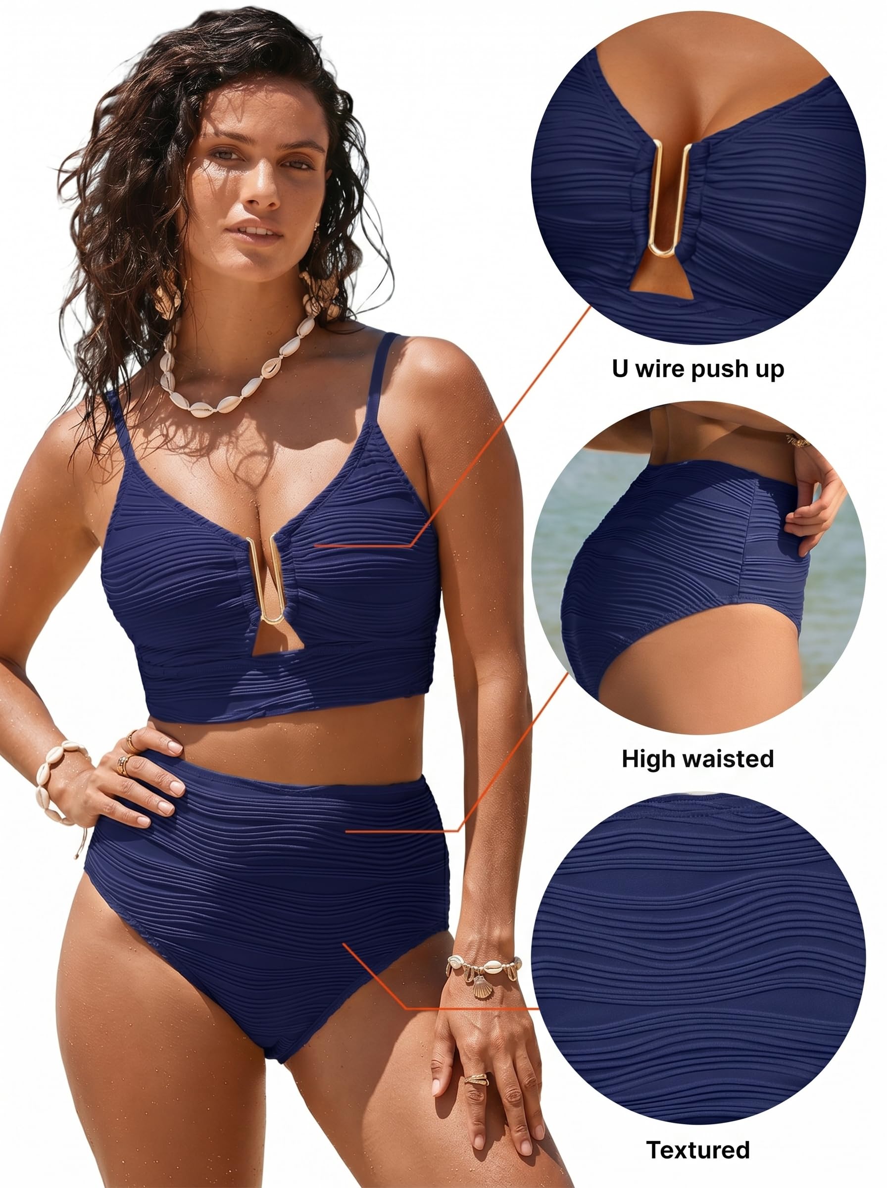 Herseas Womens High Waisted Bikini Sets Ribbed 2 Piece V Neck Bathing Suit U-Wired Popular Swimsuit Push Up Swimwear Modest Cruise Essentials 2026 Summer Navy Blue Small