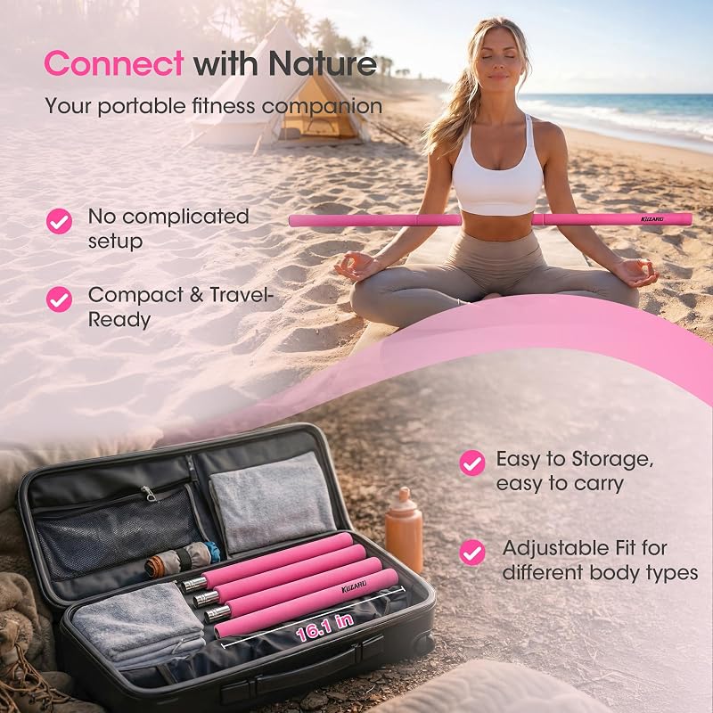 Yoga Stick Mobility Bar - Adjustable 4-Section Posture Stretch (Pink) KUZARO
