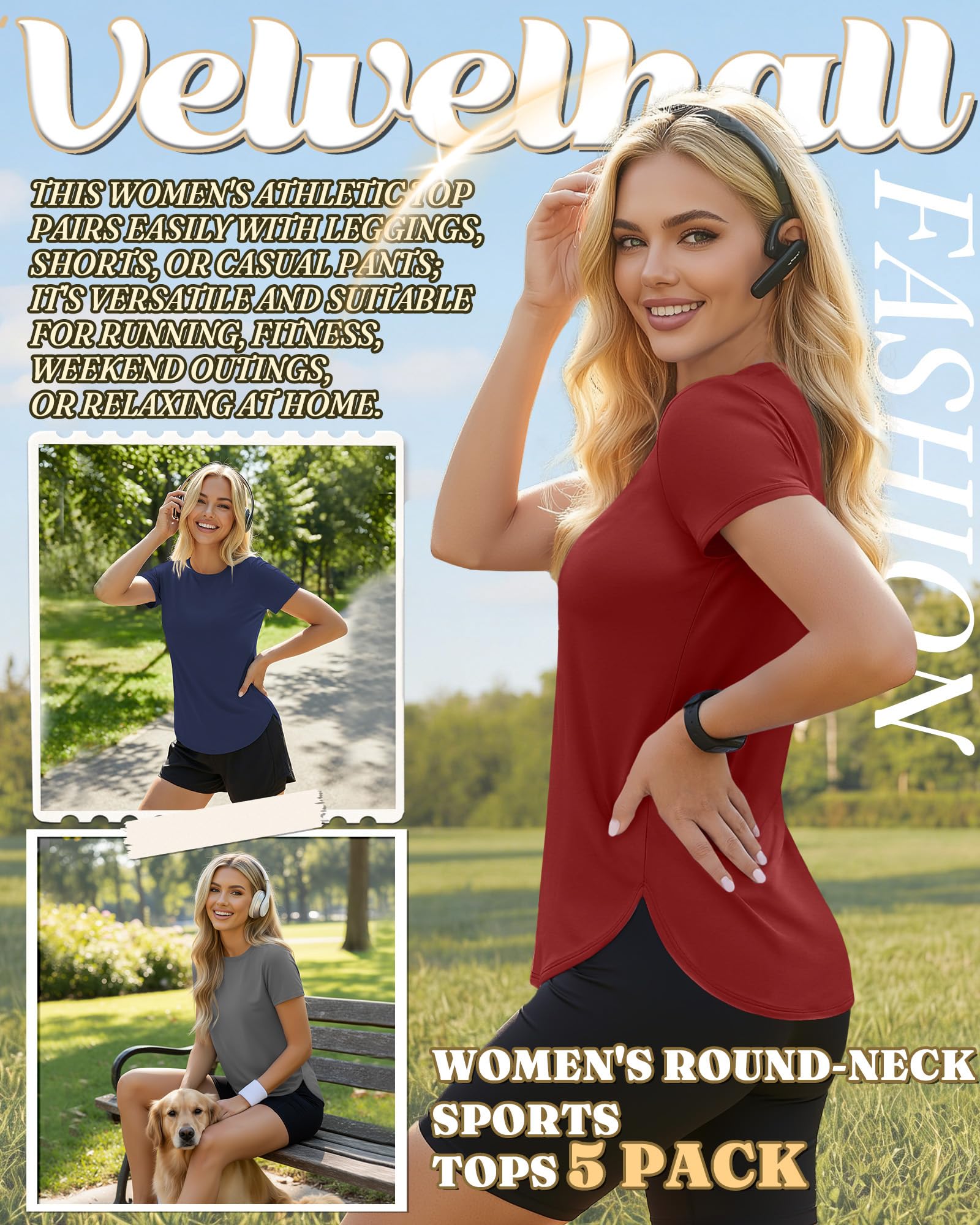 Velvelhall 5 Pack Women's Workout Shirts Athletic Yoga Gym Exercise Tops Quick Dry UPF 50+ Short Sleeve Tee Multipack(X-Large,Black, Gray, White, Navy Blue, Wine Red)