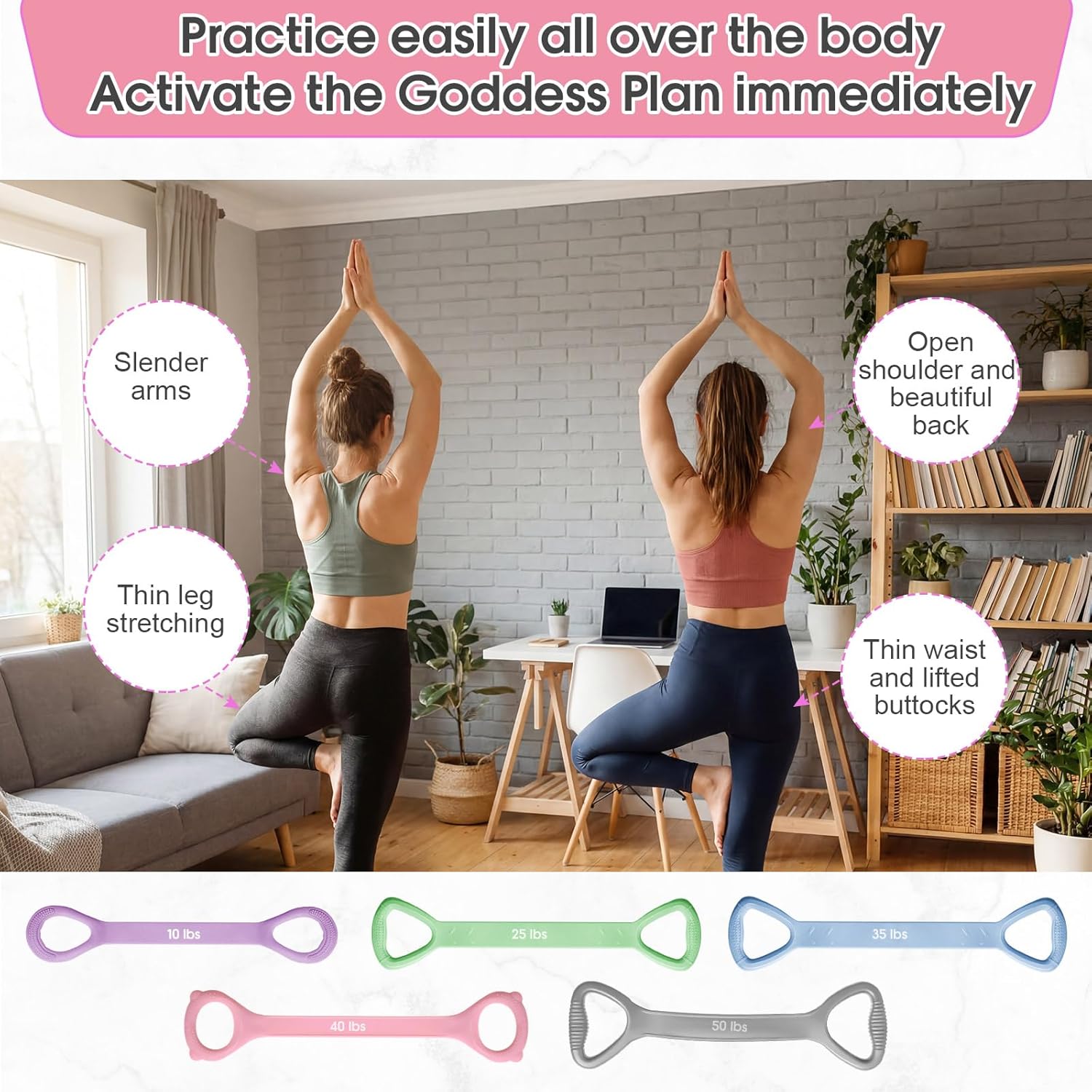 Soulchen Figure 8 Fitness Resistance Bands - 5 Pack (10-50 Lbs) for Yoga, Pilates, and Strength Training