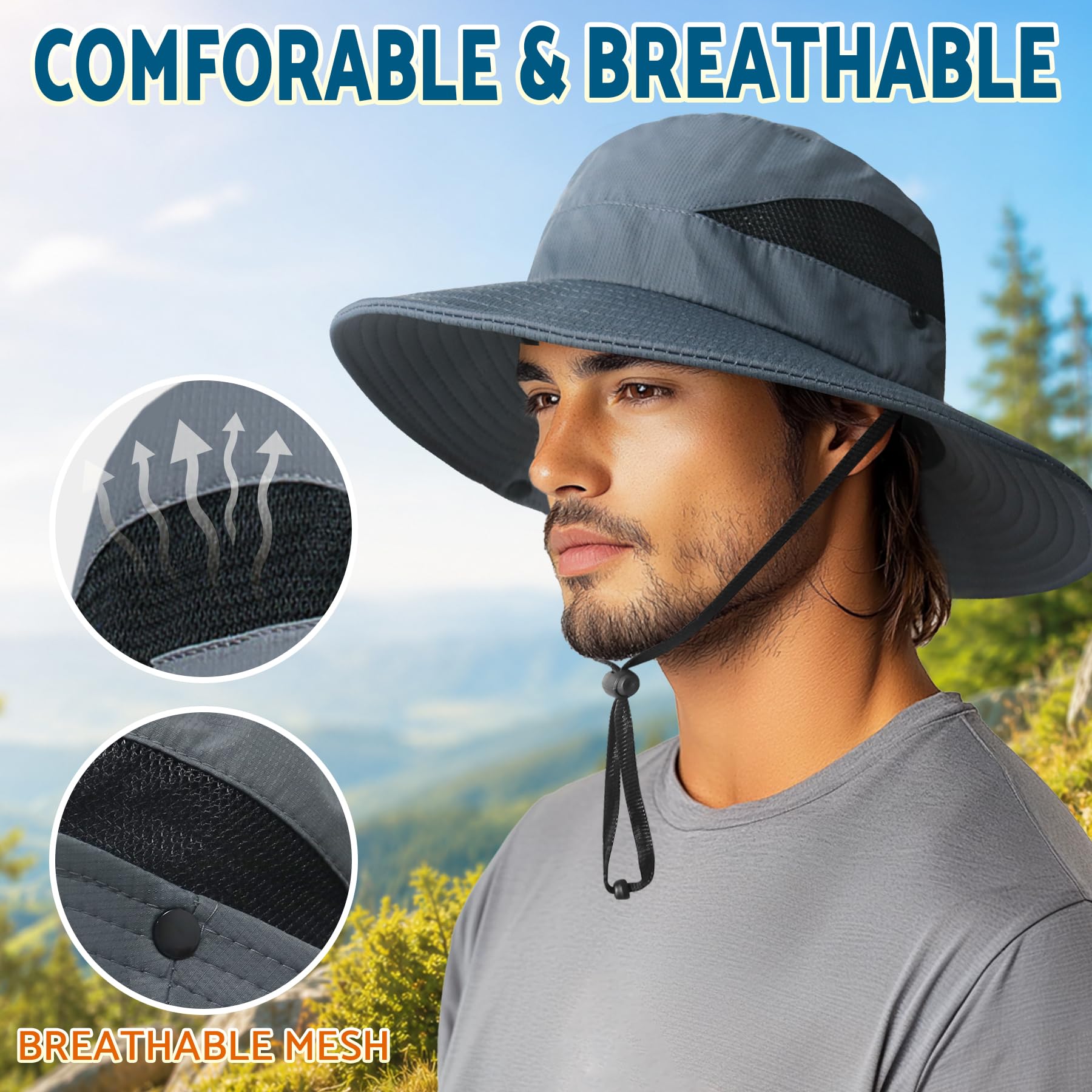 PFFY Sun Hats for Men Women Wide Brim Bucket Hat UPF 50+ Outdoor Beach Hiking Fishing Hat Darkgrey