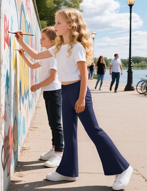 NUMYEAN Girls Uniform Pants Flare Sweatpants Joggers Pants Preppy Clothes for Girls 9-10 Years Navy