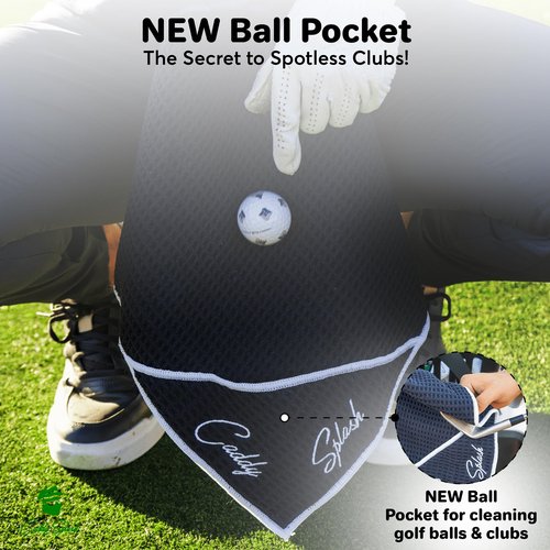 Caddy Splash Pocket Mag Towel – Magnetic Microfiber Golf Towel with Ball Pocket, Ultra-Absorbent & Durable, Strong Magnet & Carabiner for Easy Bag Attachment – The Ultimate Golf Towel-Black/White