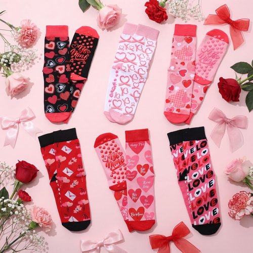 Silicherry 6 Pairs Mother's Day Pilates Socks for Women Novelty Socks Non-slip Grippy Yoga Gift Supplies for Wedding Dance Workout(Valentine's Day)