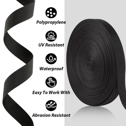 1 Inch Black Polypropylene Webbing, 50 Yards Heavy Duty Climbing Strap for Dog Leash, Seat Belt, Backpack Handles, Rescue Rope, and Outdoor Gear