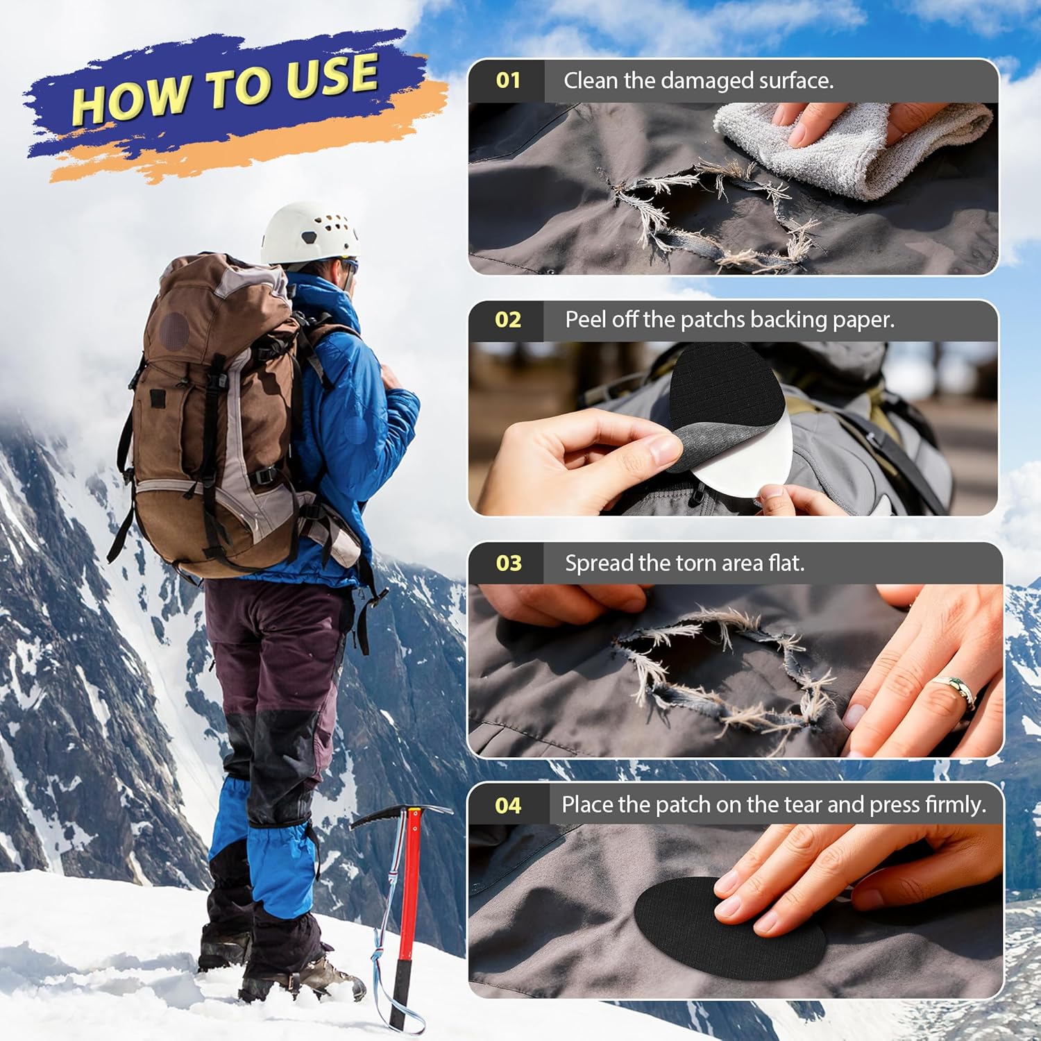 Tenacious | Down Jacket Repair Patch Kit - Waterproof Self-Adhesive Fabric Patches (18 Pcs, Black)