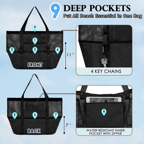 Fammart Mesh Beach Bag - Large Tote with Zipper Pocket for Family Travel & Pool Essentials