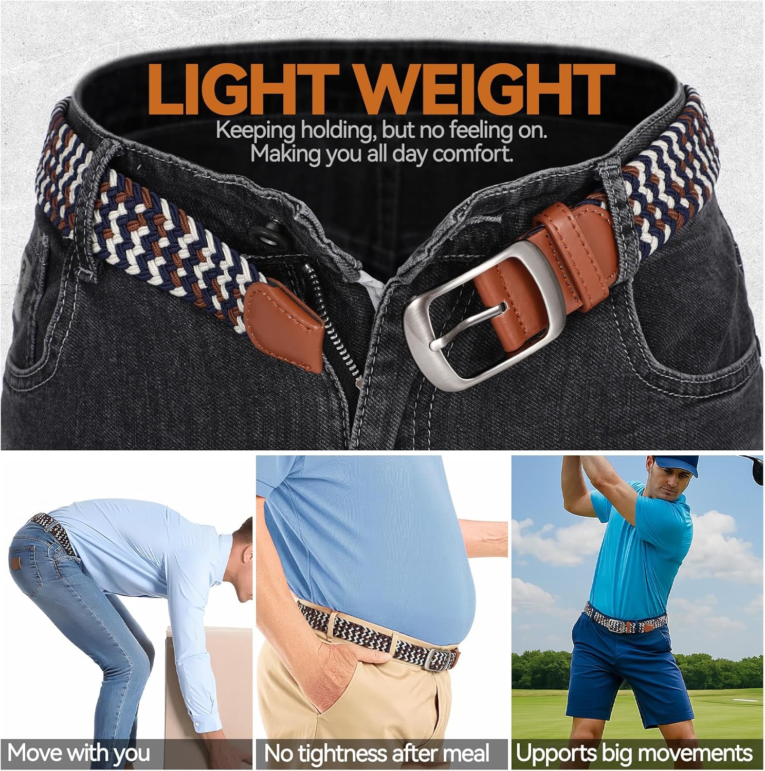 XZQTIVE Braided Stretch Belt - Multicolored Woven Golf Belt for Men & Women | Elastic Jean Belt