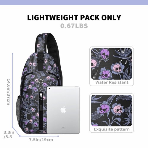 Skull Goth Sling Bag For Women Men Small Crossbody Bags Halloween Gothic Mini Water Resistant Casual Chest Bag Backpack Shoulder Daypack For Travel Hiking Gifts