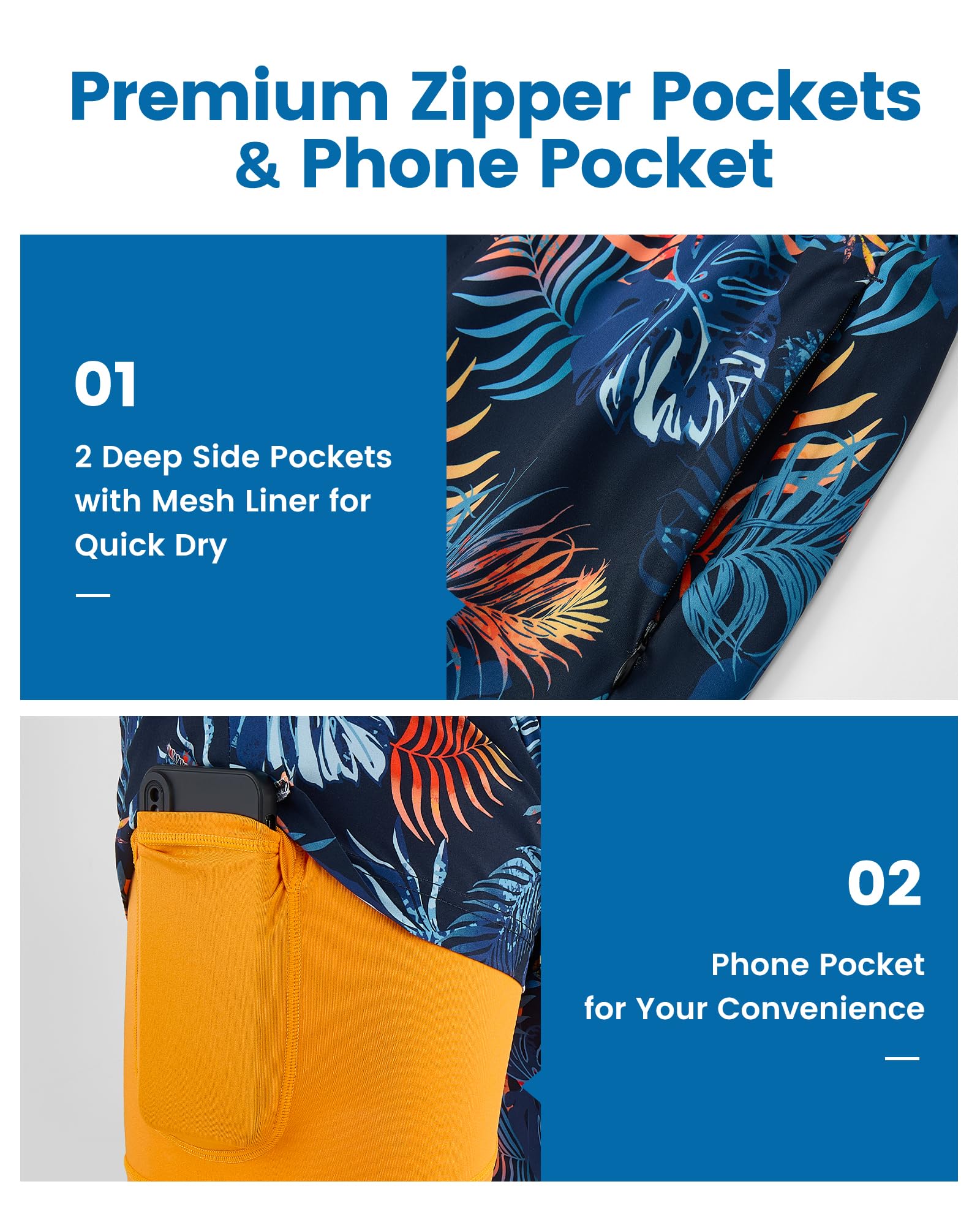 maamgic 2 in 1 Mens Swim Trunks 7 Inch Swim Shorts Swim Suits Board Shorts Palm Navy-Orange Small