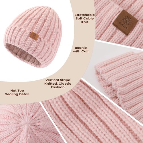 Womens Winter Knit Warm Hat Beanie+Long Scarf+Touch Screen Gloves Set Skull Caps Neck Scarves for Women/Men,Pink