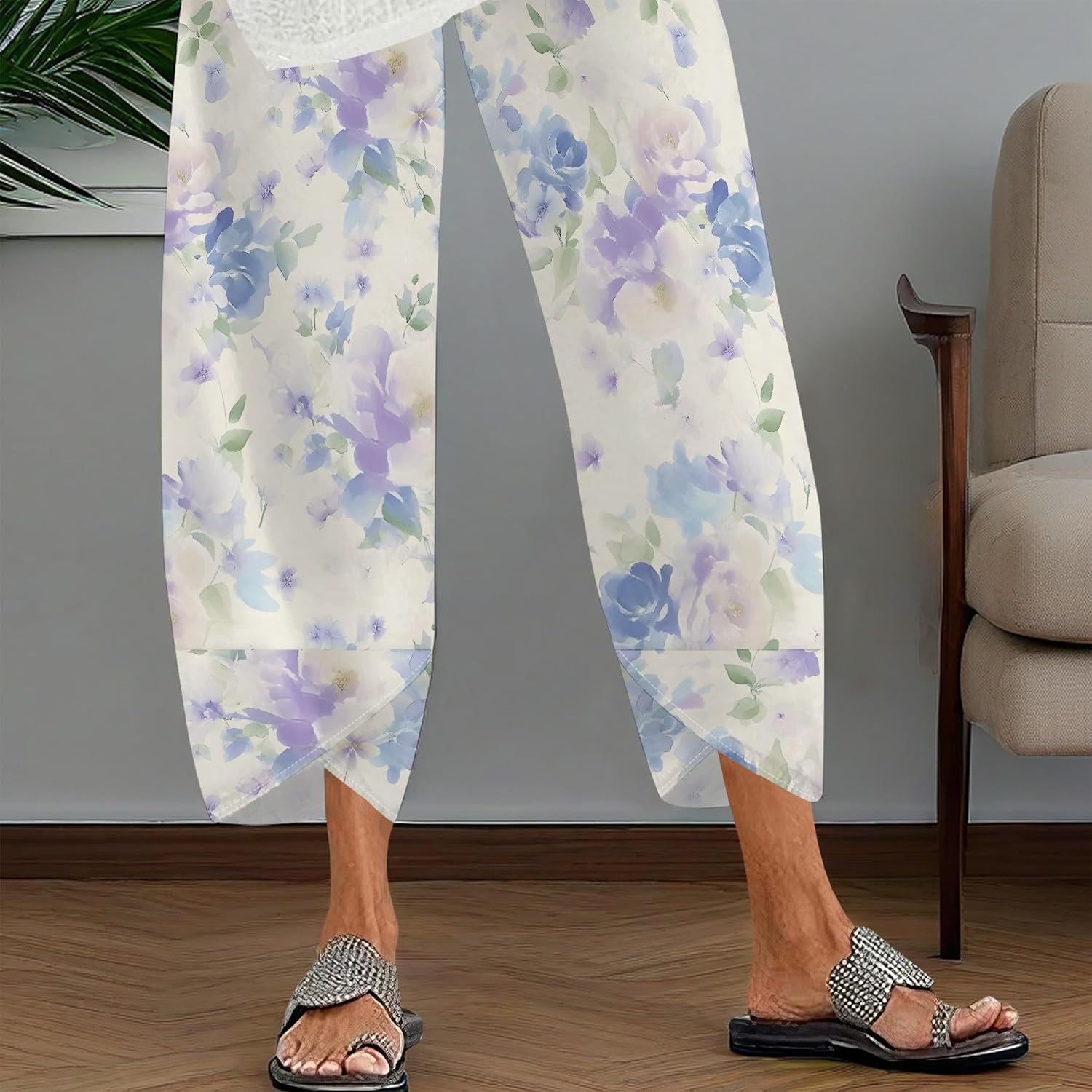 Skiennix Women's Cropped Pants - Lightweight Wide Leg Trousers with Elastic Waist & Pockets