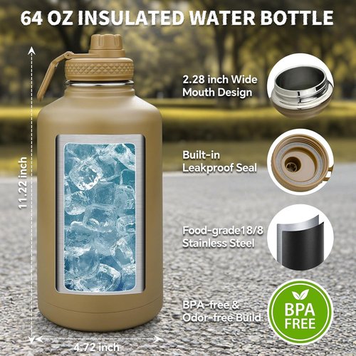 DEFUNX Insulated Half Gallon Water Bottle - 64 oz Tactical Stainless Steel Jug with MOLLE Pouch | Desert Digital Camo