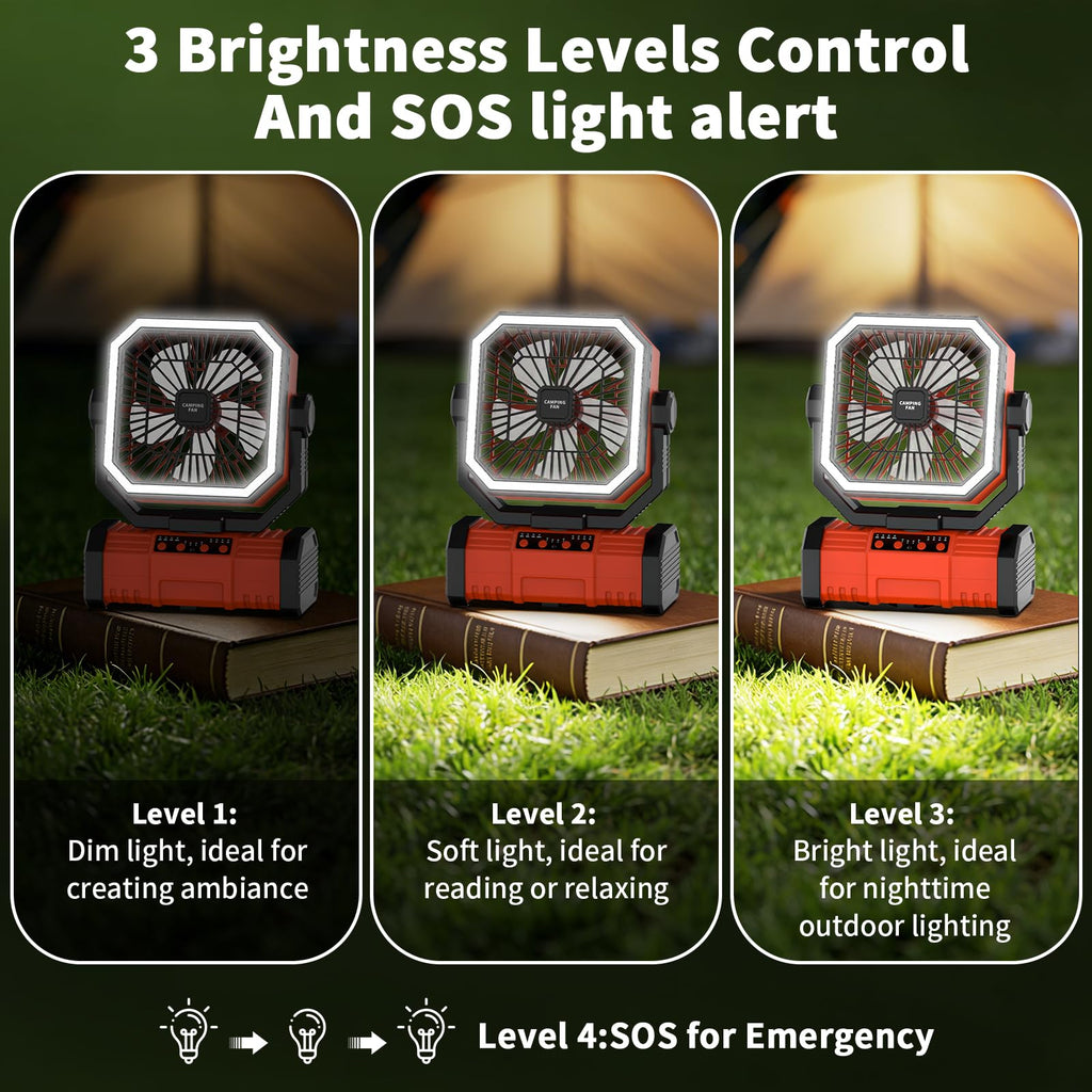 Super RGB 20000mAh Portable Camping Fans,Rechargeable Battery-Operated Oscillating Tent Fan with 4-Speeds,LED Light & Remote 360° Rotating Hook for Home,Outdoor and RV Travel in Summer Orange