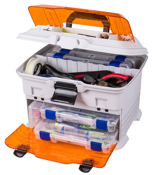 Flambeau Outdoors T4P Pro Multiloader Tackle Box - Portable Fishing Lure Organizer Station With Zerust Anti-RustTechnology, Includes 5 Removable Tuff Tainer Tackle Boxes, White/Orange