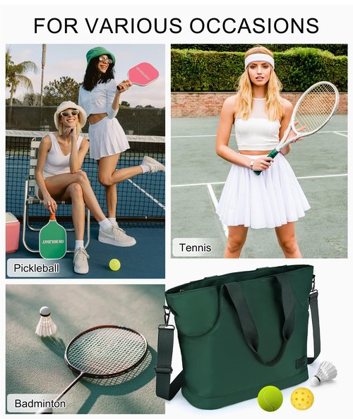 Kasqo Tennis Bags for Women, Large Water Resistant Pickleball Tote Bag Men 2 Rackets Lightweight Crossbody Shoulder Bag for Gym Sport Green