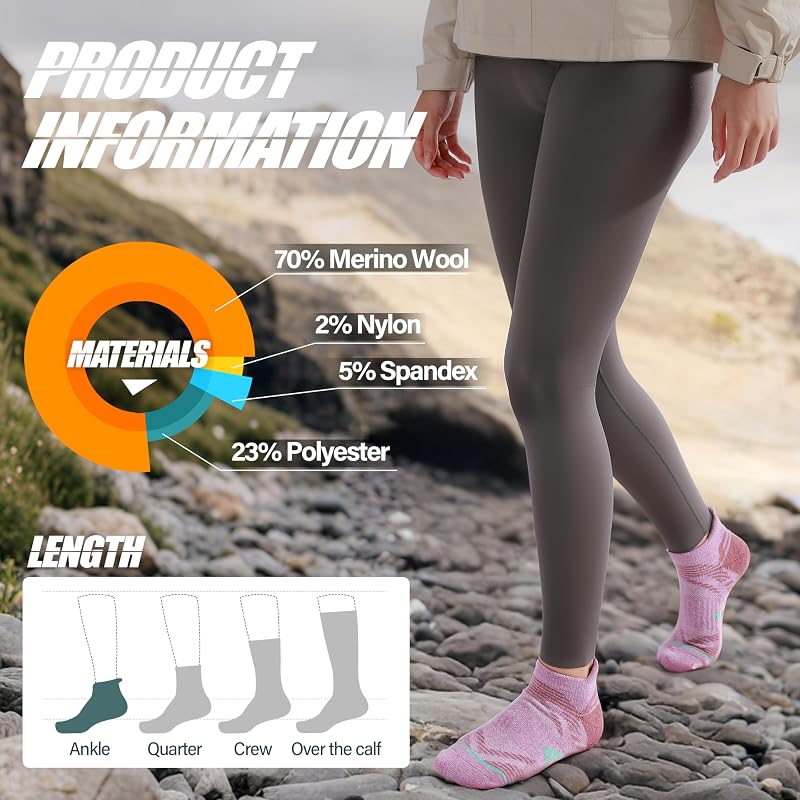 Merino Wool Ankle Hiking Socks for Men & Women - 5 Pairs, Medium (Beige/Purple/Light Pink/Green/Grey/Blue)