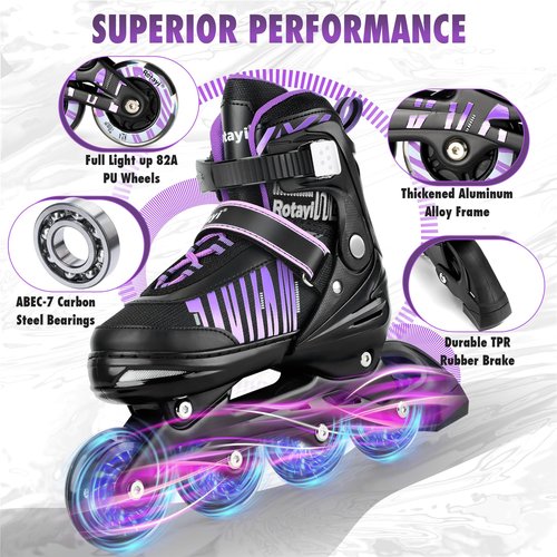 Rotayi Girls Inline Skates Ages 5-8 8-12, Adjustable Light Up Wheels Roller Skates Blades for Kids and Adults Women, Outdoor Roller Skates for Youth Teens, Purple