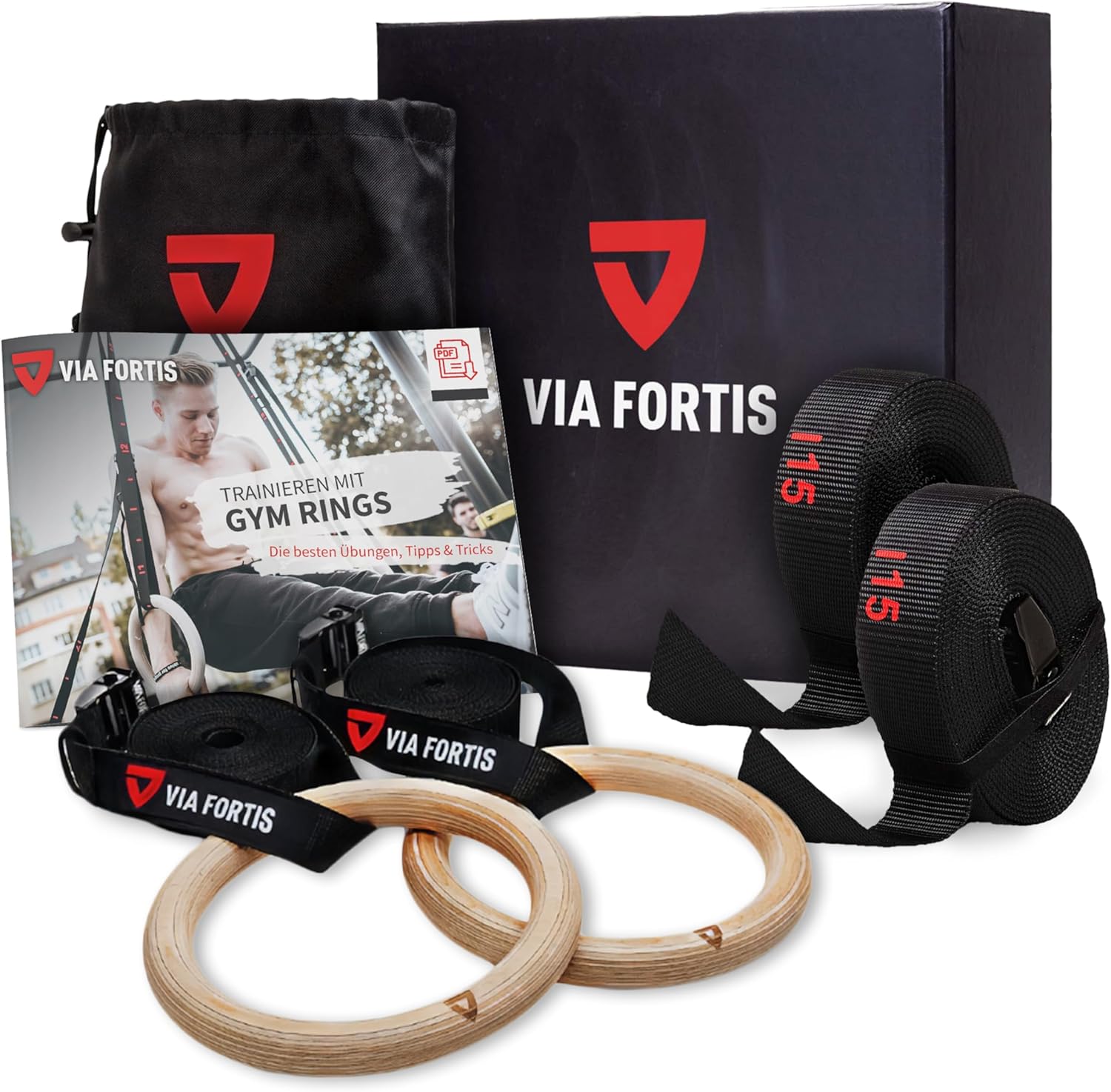 VIA Fortis® Premium Wooden Gym Rings - Extra Wide Straps & Workout Guide for Calisthenics | Crossfit