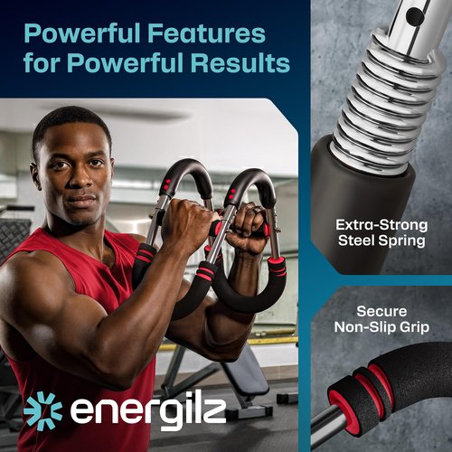 ENERGILZ Twister Arm Trainer | Chest Workout Equipment Also for Biceps, Shoulders, Forearms, Back, Legs; Arm Chest Trainer for Men, Women, Beginners, Pros | 2 Spring Sets, 6 Resistance Levels (Red)