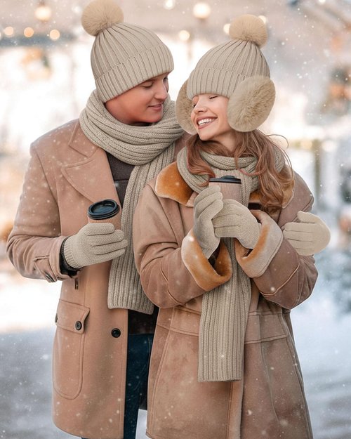 Silicherry 4 Pcs Winter Beanie Hat Scarf Gloves Set Knit Fleece Lined Gloves Ear Muff Knit Hat Long Scarf for Men and Women(Beige)