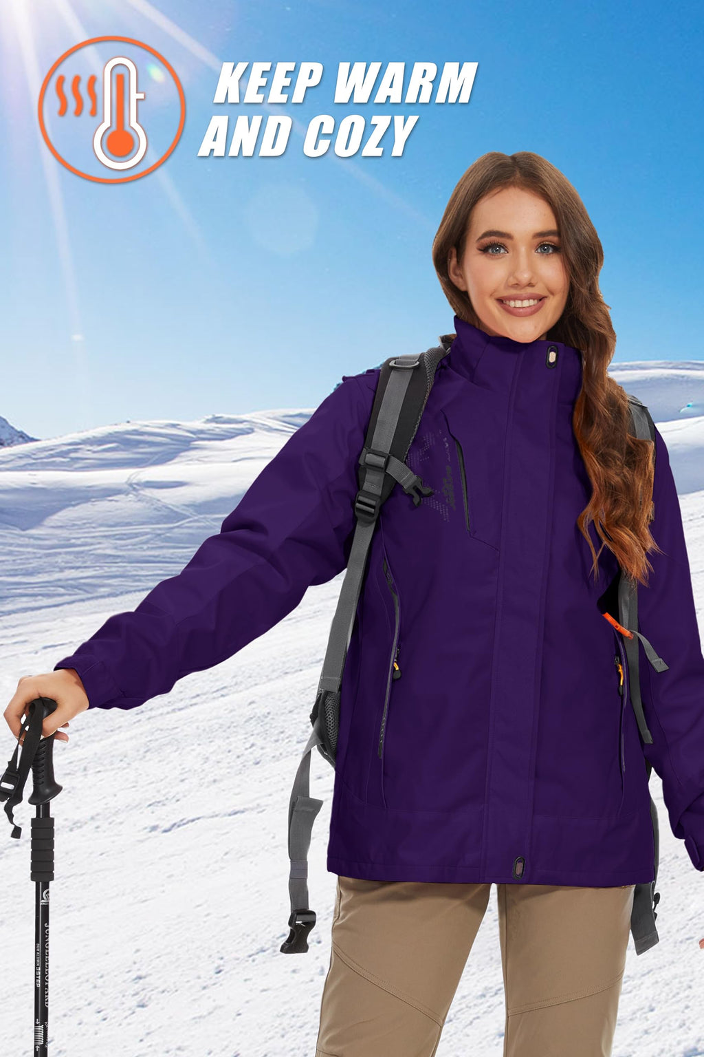 MAGCOMSEN Winter Coats for Women Waterproof Insulated Snow Jacket Fleece Lined Jacket 3 In 1 Jacket Snowboarding Jacket Dark Purple L